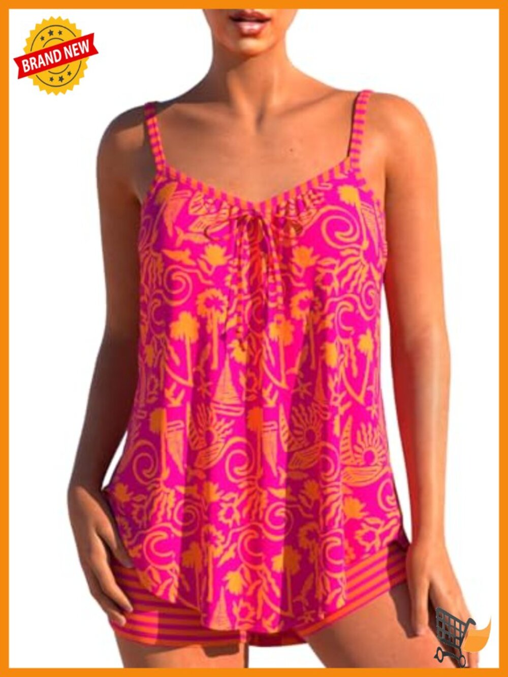 Flowy Tankini Set with Boyshorts, Graffiti Print Curved Hem Tank Top